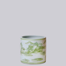 Load image into Gallery viewer, Small Green and White Porcelain River Landscape Cachepot
