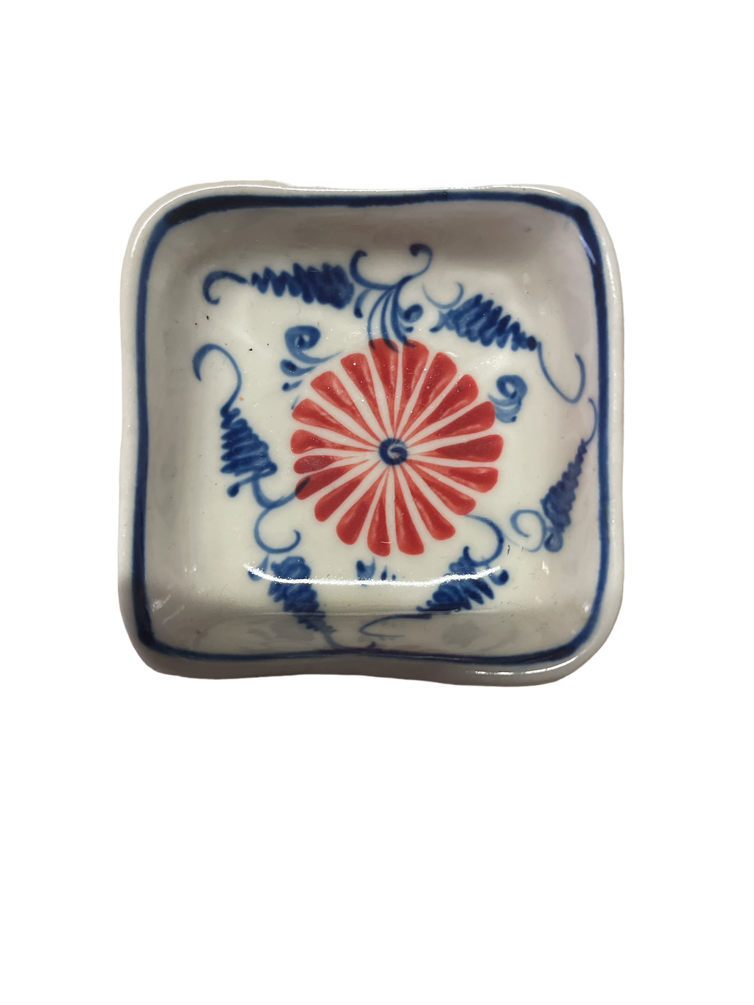 Small Square Vintage Hand Painted Bowl - Red & Blue
