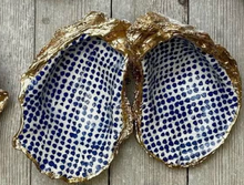 Load image into Gallery viewer, Blue Dot Salt &amp; Pepper cellars decoupage oysters with wooden spoon
