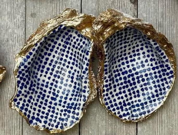 Blue Dot Salt & Pepper cellars decoupage oysters with wooden spoon