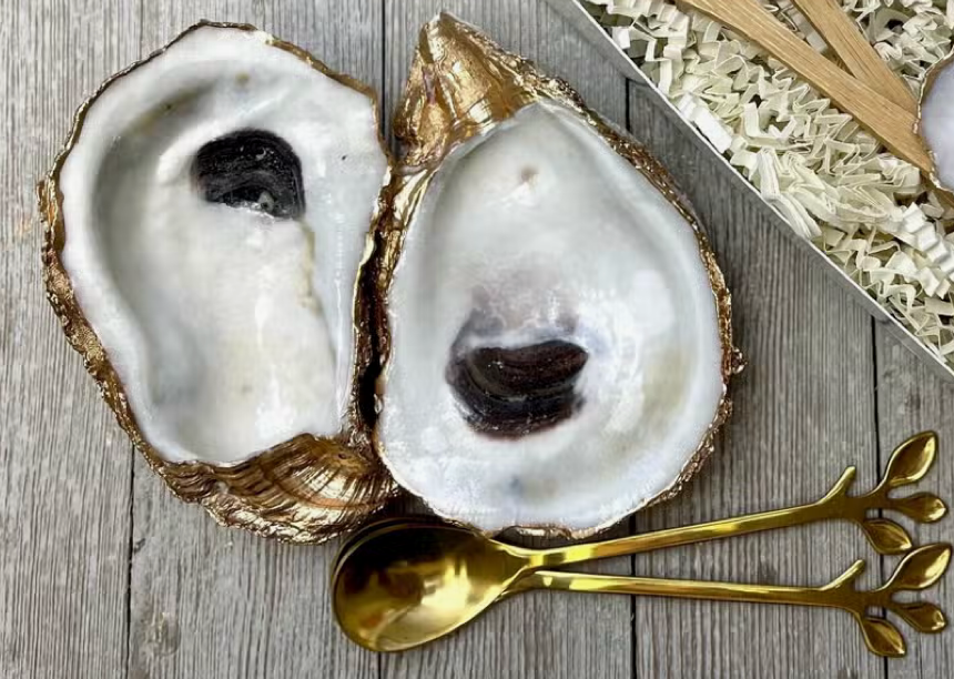 Oysters salt & Pepper cellars with gold spoons