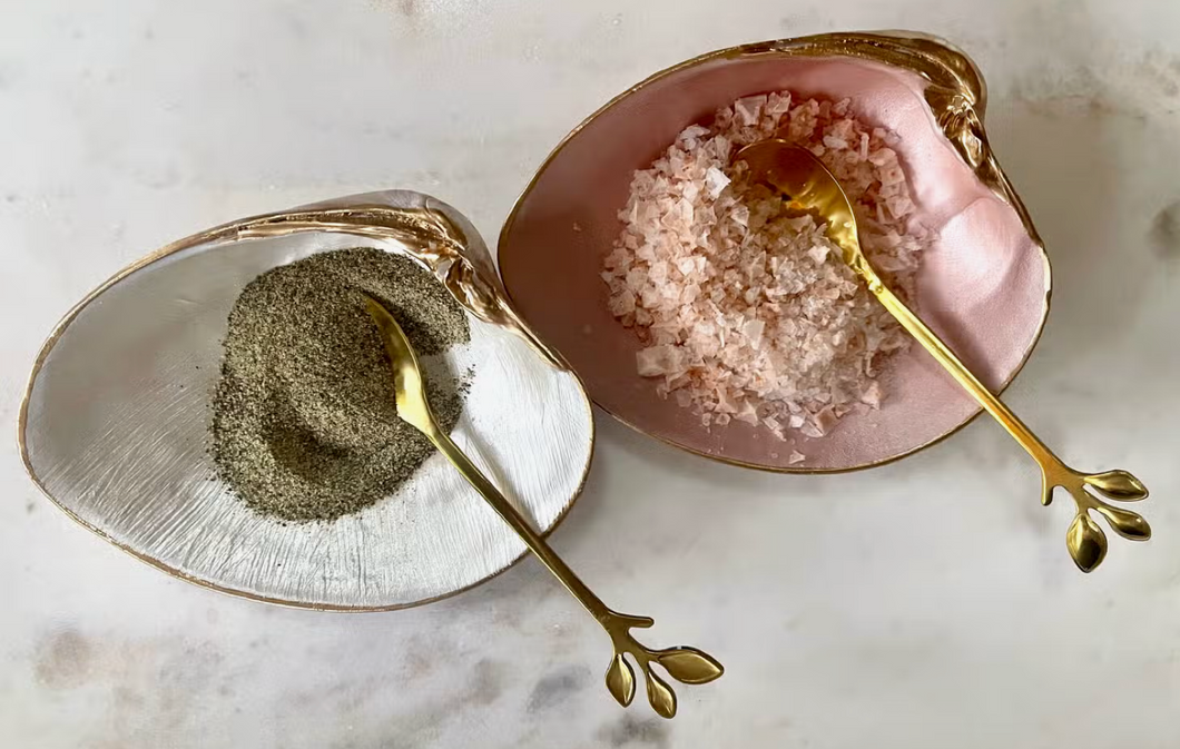 Clam salt & Pepper cellars with gold spoons