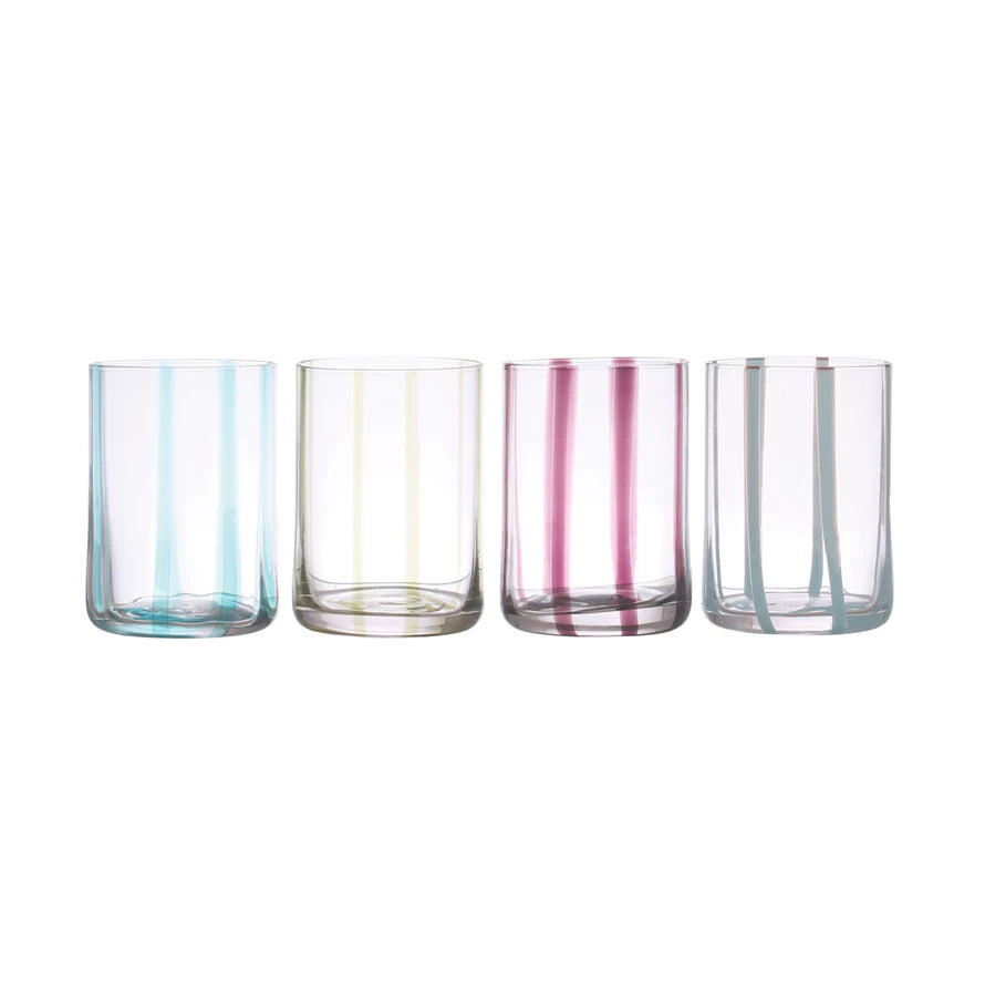 Hand Painted Drinking Glass w/ Stripes - Green