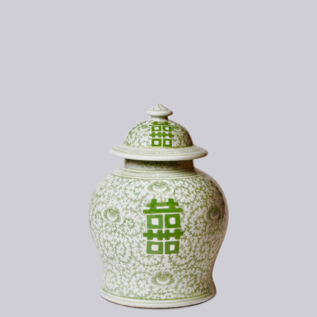 Medium Green and White Porcelain Double Happiness Jar