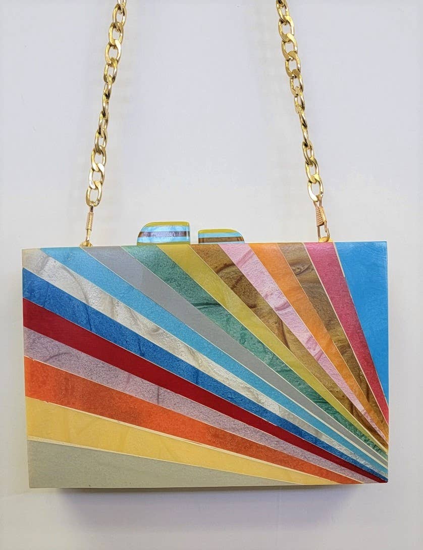 BOX BAG WOOD ACRYLIC INLAY CLUTCH - Pastel Rainbow