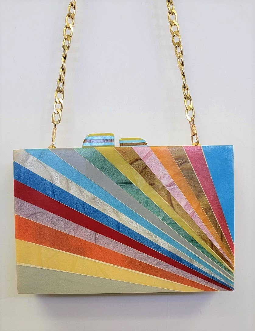 BOX BAG WOOD ACRYLIC INLAY CLUTCH - Pastel Rainbow