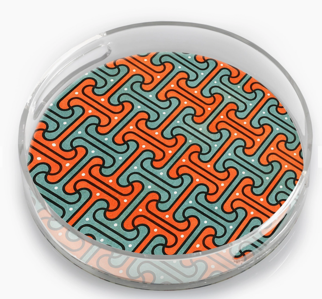 Pattern Turquoise Orange Coffee Table Round Lucite Tray