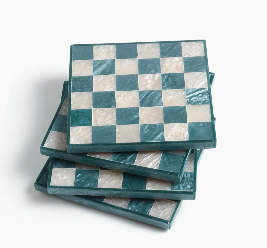 Blue Check Resin Coaster Set of 4