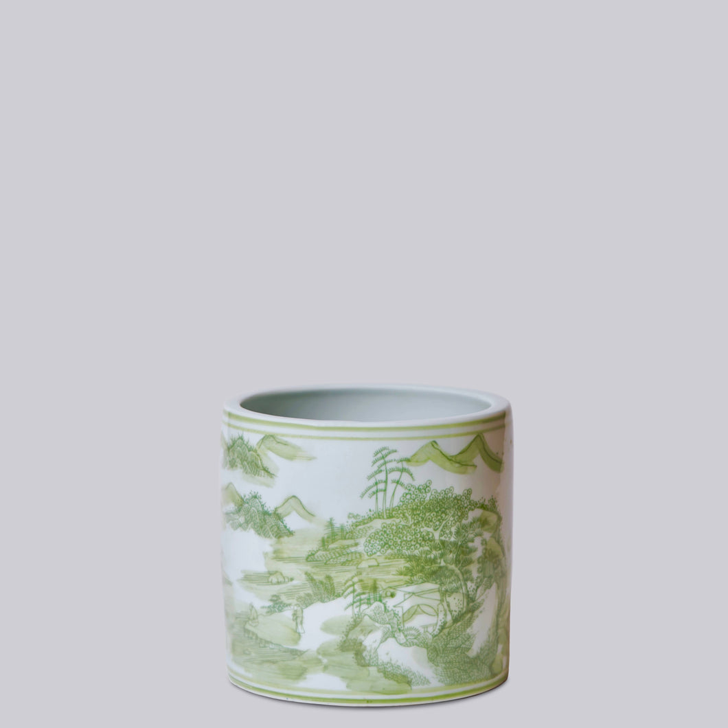Small Green and White Porcelain River Landscape Cachepot
