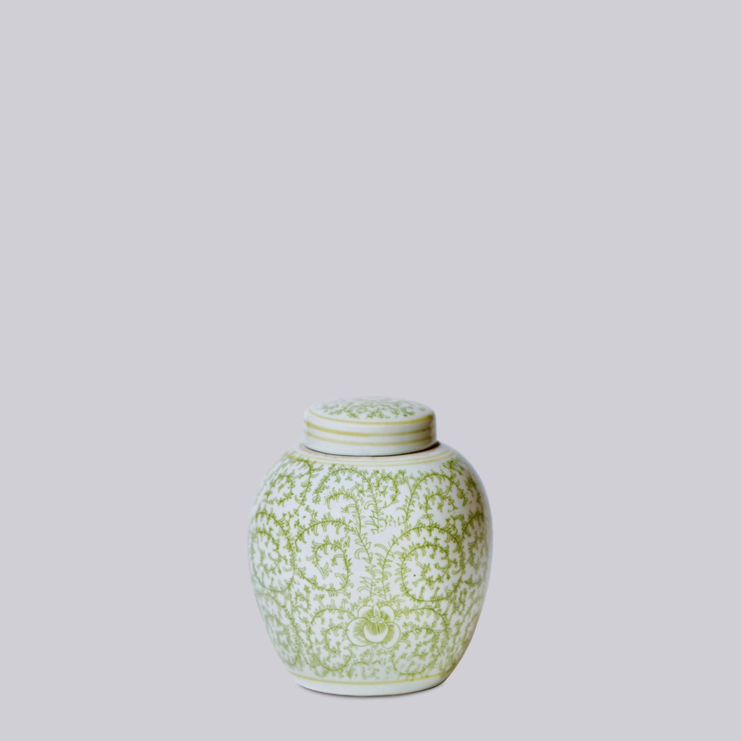 Green and White Porcelain Scrolling Peony Round Jar