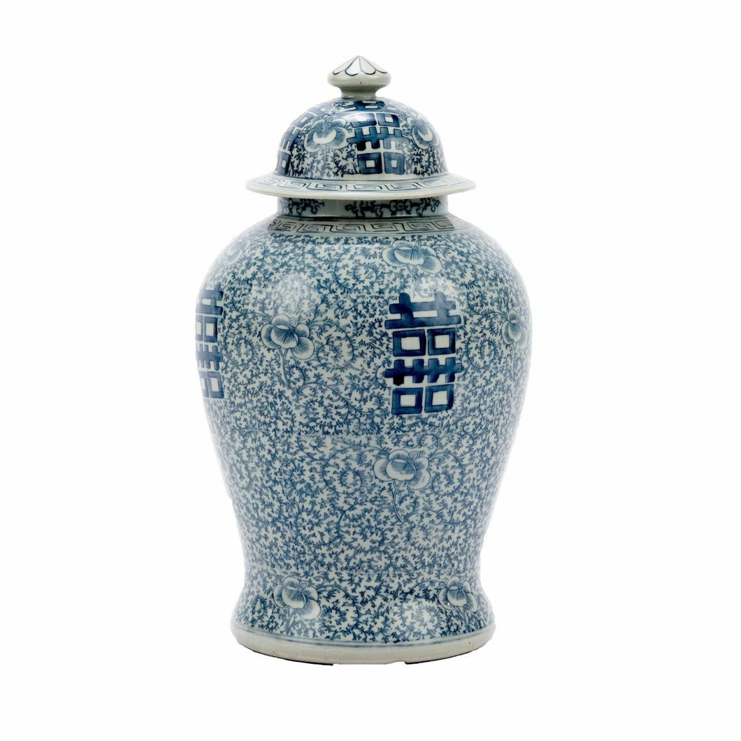 Blue & White Double Happiness Floral Temple Jar